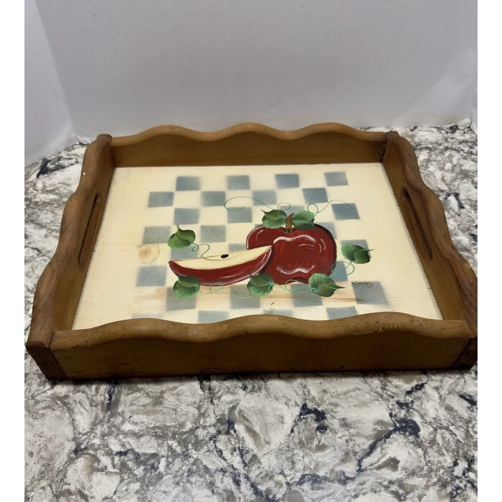 Vintage Hand-Painted Apple Wood Serving Tray Cottagecore Rustic Farmhouse